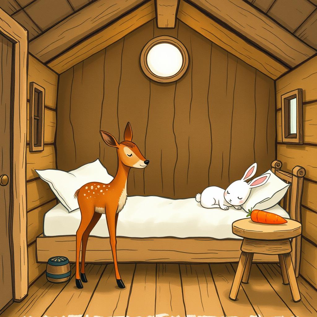 Inside a cozy wooden cabin, a small brown fawn stands peacefully while a tiny white rabbit sleeps soundly on the bed