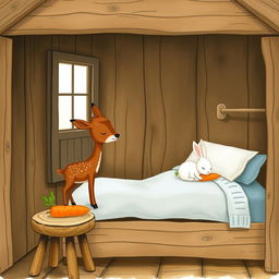 Inside a cozy wooden cabin, a small brown fawn stands peacefully while a tiny white rabbit sleeps soundly on the bed