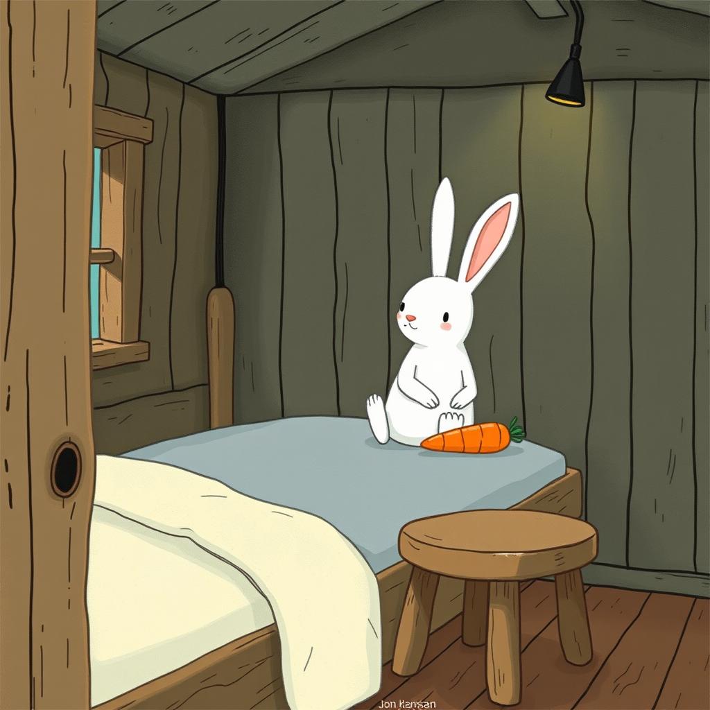 Inside a cozy wooden cabin, a small white rabbit sits up awake on the bed, looking around