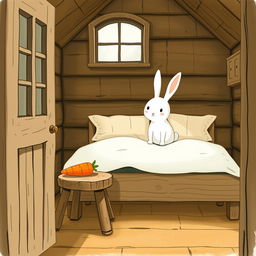 Inside a cozy wooden cabin, a small white rabbit sits up awake on the bed, looking around