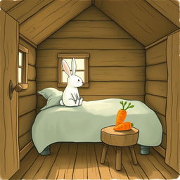 Inside a cozy wooden cabin, a small white rabbit sits up awake on the bed, looking around