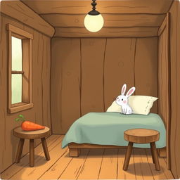 Inside a cozy wooden cabin, a small white rabbit sits up awake on the bed, looking around