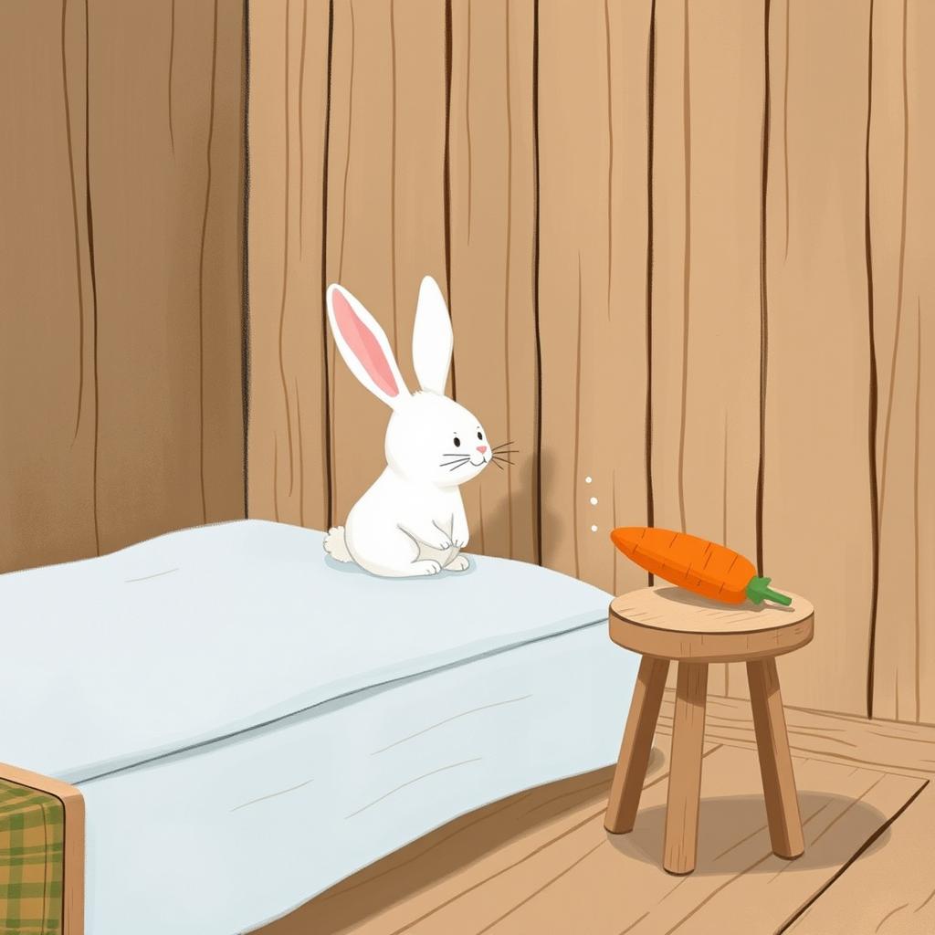 In a cozy wooden room, a small white rabbit sits up awake on the bed, its ears perked in curiosity