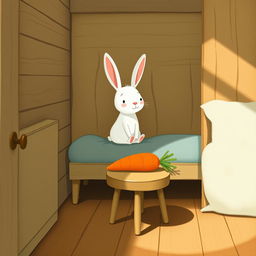 In a cozy wooden room, a small white rabbit sits up awake on the bed, its ears perked in curiosity