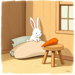 In a cozy wooden room, a small white rabbit sits up awake on the bed, its ears perked in curiosity