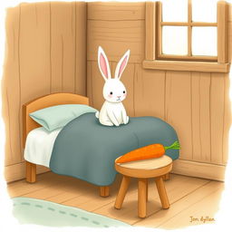 In a cozy wooden room, a small white rabbit sits up awake on the bed, its ears perked in curiosity