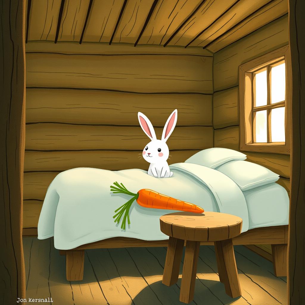 Inside a warm wooden cabin, a small white rabbit is sitting up awake on the bed, its ears alert and eyes bright