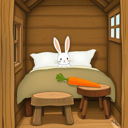 Inside a warm wooden cabin, a small white rabbit is sitting up awake on the bed, its ears alert and eyes bright