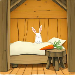 Inside a warm wooden cabin, a small white rabbit is sitting up awake on the bed, its ears alert and eyes bright