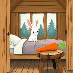 Inside a warm wooden cabin, a small white rabbit is sitting up awake on the bed, its ears alert and eyes bright