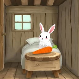 In a charming wooden cabin, a small white rabbit sits up awake on the bed, its bright eyes filled with wonder