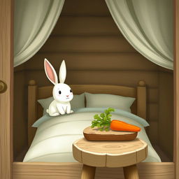 In a charming wooden cabin, a small white rabbit sits up awake on the bed, its bright eyes filled with wonder