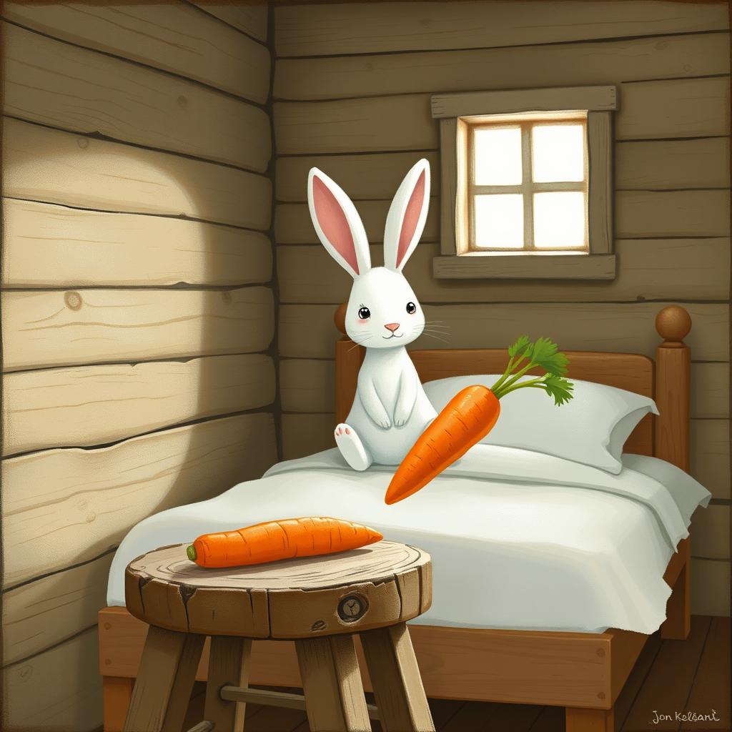 In a charming wooden cabin, a small white rabbit sits up awake on the bed, its bright eyes filled with wonder