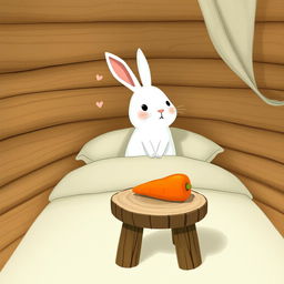 In a charming wooden cabin, a small white rabbit sits up awake on the bed, its bright eyes filled with wonder