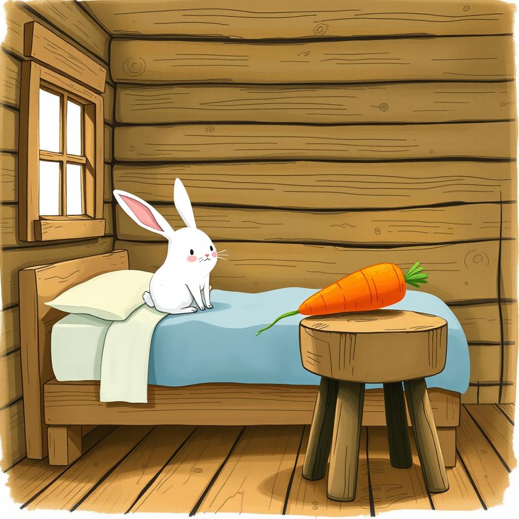 In a rustic wooden cabin, a small white rabbit has just woken up, sitting on the bed with a curious expression