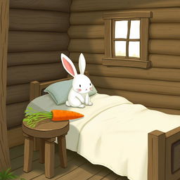 In a rustic wooden cabin, a small white rabbit has just woken up, sitting on the bed with a curious expression