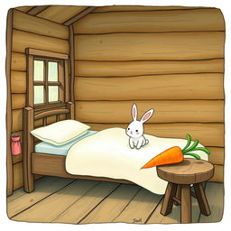 In a rustic wooden cabin, a small white rabbit has just woken up, sitting on the bed with a curious expression
