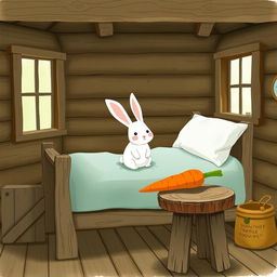 In a rustic wooden cabin, a small white rabbit has just woken up, sitting on the bed with a curious expression