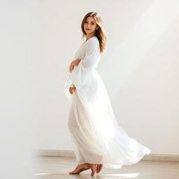A beautiful young woman standing gracefully, wearing a long white souk (traditional garment)