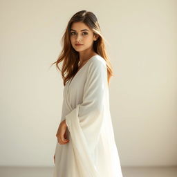 A beautiful young woman standing gracefully, wearing a long white souk (traditional garment)