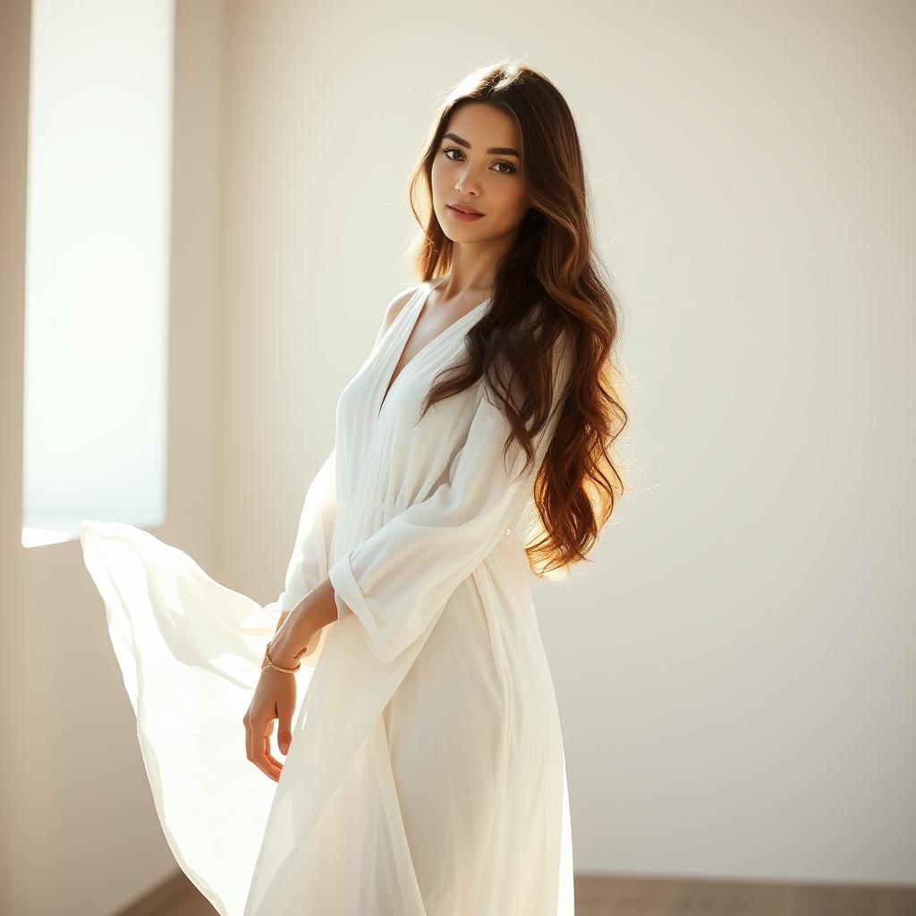 A beautiful young woman standing gracefully, wearing a long white souk (traditional garment)