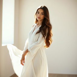 A beautiful young woman standing gracefully, wearing a long white souk (traditional garment)