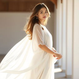 A beautiful young woman standing gracefully, wearing a long white souk (traditional garment)