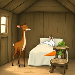 Inside a cozy wooden cabin, a small brown deer stands gracefully, its curious eyes surveying the room