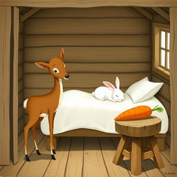 Inside a cozy wooden cabin, a small brown deer stands gracefully, its curious eyes surveying the room