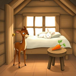 Inside a cozy wooden cabin, a small brown deer stands gracefully, its curious eyes surveying the room
