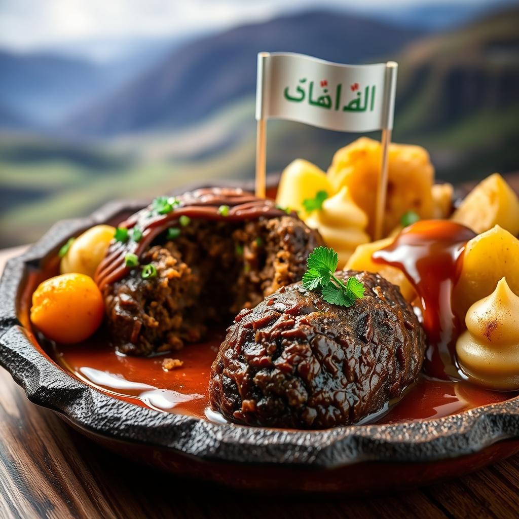 A beautifully arranged platter of Halal Haggis, featuring traditional Scottish ingredients with a halal twist