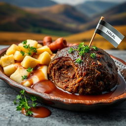 A beautifully arranged platter of Halal Haggis, featuring traditional Scottish ingredients with a halal twist