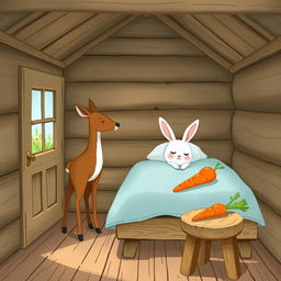 Inside a cozy wooden cabin, a small brown deer stands gracefully, observing the room