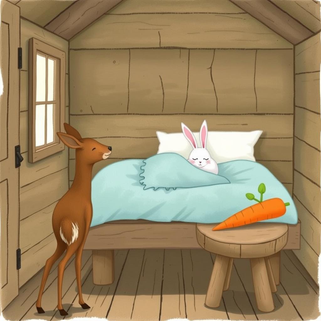 Inside a cozy wooden cabin, a small brown deer stands gracefully, observing the room