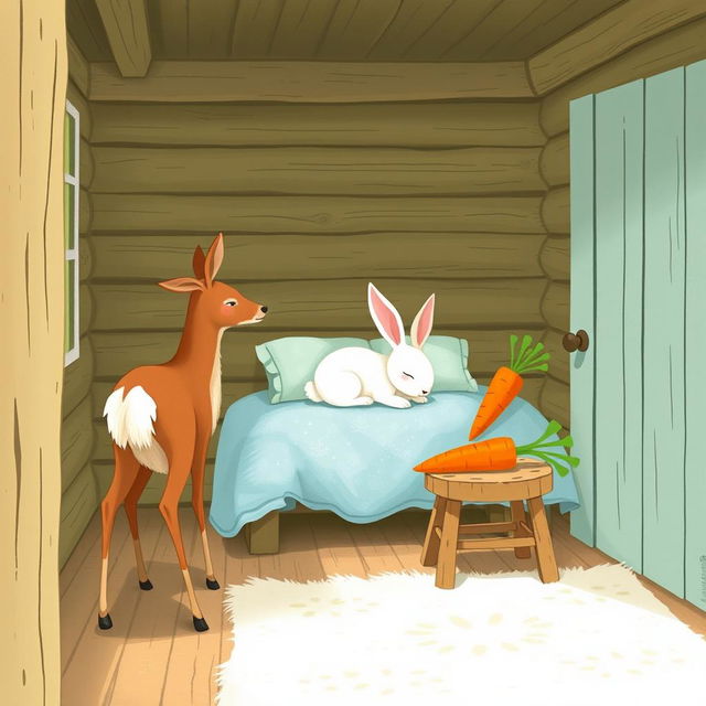 Inside a cozy wooden cabin, a small brown deer stands gracefully, observing the room
