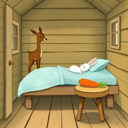 Inside a cozy wooden cabin, a small brown deer stands gracefully, observing the room