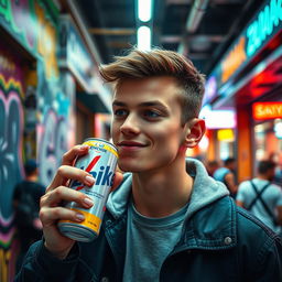 A cinematic frame capturing a young man with a vibrant expression as he enjoys a can of Ukrainian energy drink 'zhivchik'