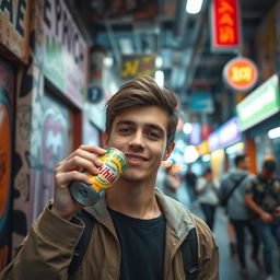A cinematic frame capturing a young man with a vibrant expression as he enjoys a can of Ukrainian energy drink 'zhivchik'