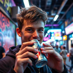 A cinematic frame capturing a young man with a vibrant expression as he enjoys a can of Ukrainian energy drink 'zhivchik'