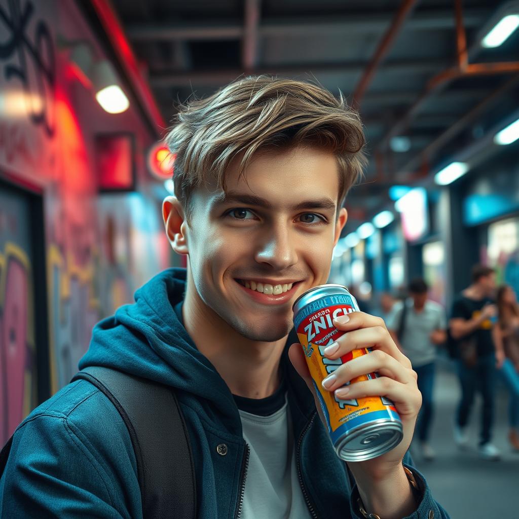 A cinematic frame capturing a young man with a vibrant expression as he enjoys a can of Ukrainian energy drink 'zhivchik'