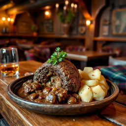 A delicious traditional haggis served on a rustic wooden table, beautifully presented