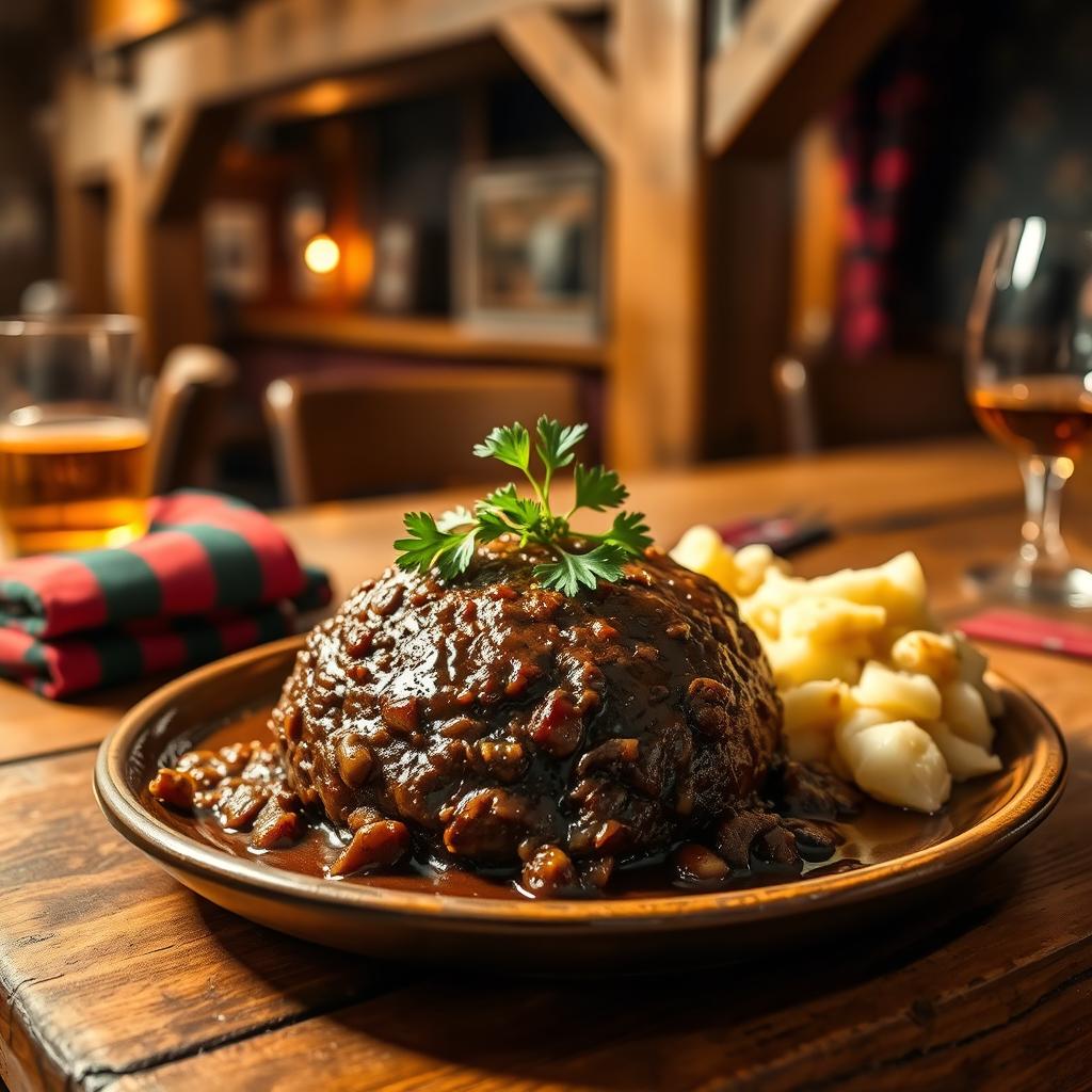 A delicious traditional haggis served on a rustic wooden table, beautifully presented