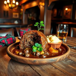 A delicious traditional haggis served on a rustic wooden table, beautifully presented