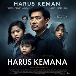 A dramatic film poster for a movie titled 'Harus Kemana', focusing on the theme of family loss due to divorce
