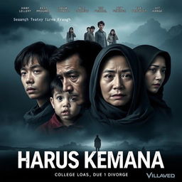A dramatic film poster for a movie titled 'Harus Kemana', focusing on the theme of family loss due to divorce