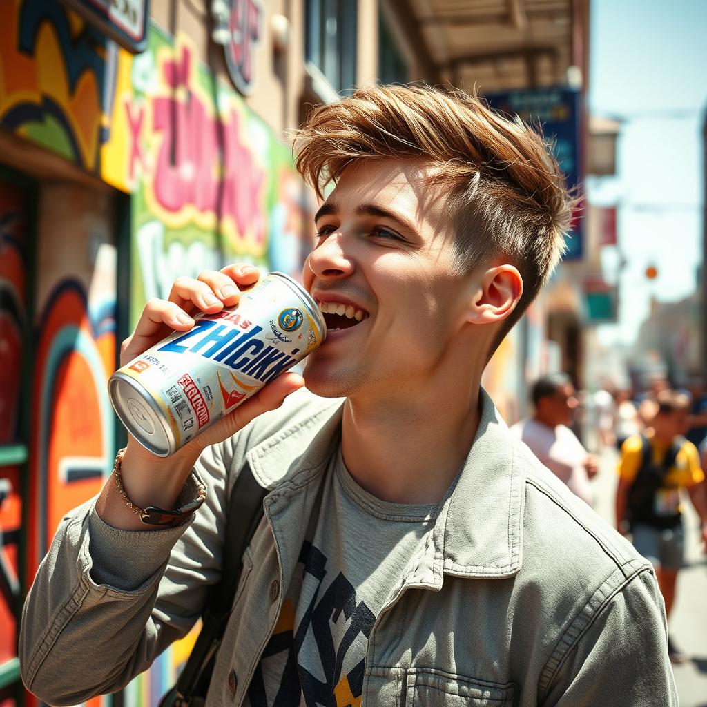 A vibrant movie frame featuring a young Ukrainian man joyfully sipping from a can of 'zhivchik', a popular energy drink