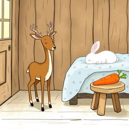 A charming scene inside a wooden cabin featuring a small brown deer standing gracefully