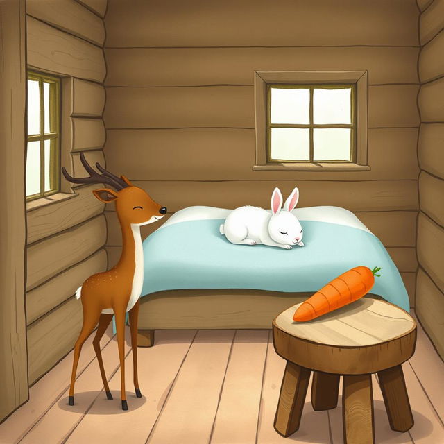 A charming scene inside a wooden cabin featuring a small brown deer standing gracefully