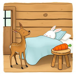 A charming scene inside a wooden cabin featuring a small brown deer standing gracefully