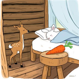 A charming scene inside a wooden cabin featuring a small brown deer standing gracefully